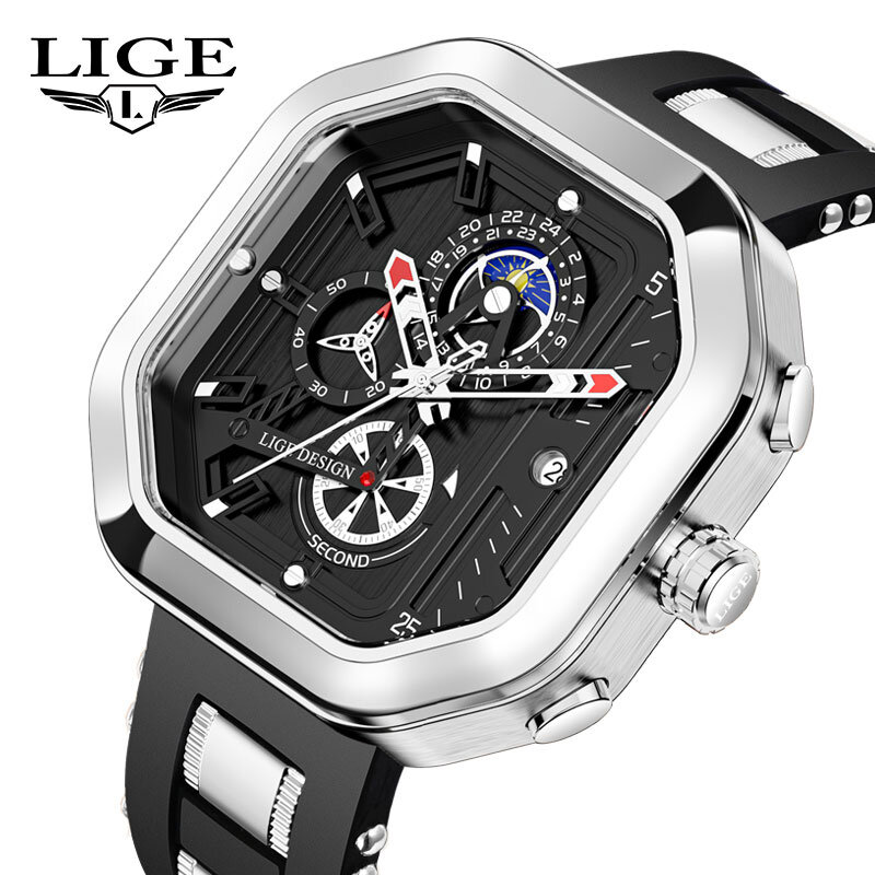 Lige-メンズスポーツ腕時計,クォーツ,シリコン,防水,高級時計,大きな時計,ボックスが含まれています,オリジナル