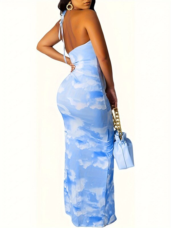 Chic Plus Size Sun Dress with Sky Blue Cloud Print Fashionable Pleated Drawstring Design U-Neck Knit Fabric High-Stretch Skirt