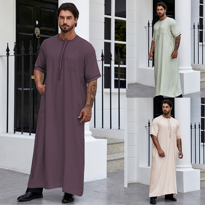 ラマダン長袖ヘンリーシャツ、ポケット、イスラム教徒のドレス、カフタン、イスラムのアバヤ、アラビアのロングドレス、男性のためのドレスドレス