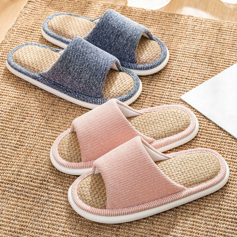 Summer New Linen Women's Slippers Breathable Flats Comfortable Indoor Men Home Shoes Soft Sole Anti-slip Couples Casual Slides