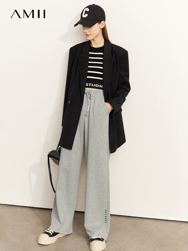 AMII-pantalones de chándal minimalistas de pierna ancha para mujer, pantalón largo de algodón, holgado, ajustado, con bordado de tubo recto, a la moda, otoño 2022