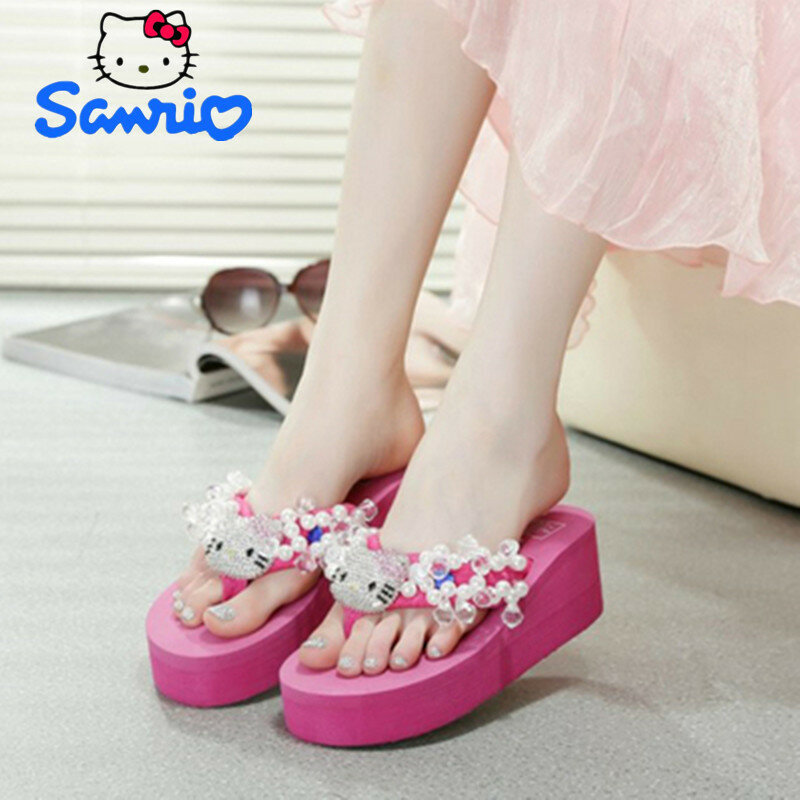 Chinelos de salto alto dos desenhos animados Hello Kitty para mulheres, chinelos rosa, sapatos plataforma, lazer, Harajuku, macio, lazer, novo, verão