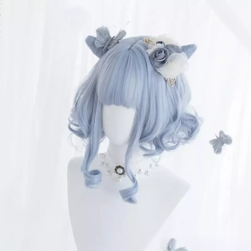 Lolita Anime Cosplay Wig Short Curly Blue Buns Lady Party Bob Clips Synthetic Heat Resistant Hair