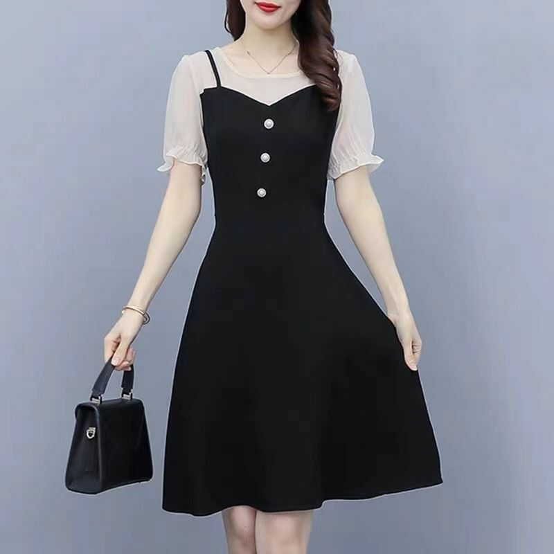 Damen Sommer koreanische Einfachheit Büro Dame Patchwork schlanken O-Ausschnitt Kurzarm Midi Kleid Frauen Kleidung lässig A-Linie Rock