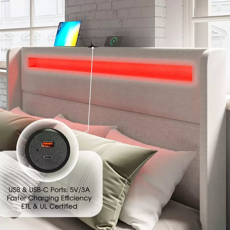 RGBW LED 조명이 있는 킹 침대 프레임, 헤드 보드 및 4 개의 보관 서랍, 덮개를 씌운 스마트 플랫폼 침대, USB 및 USB-C 포트