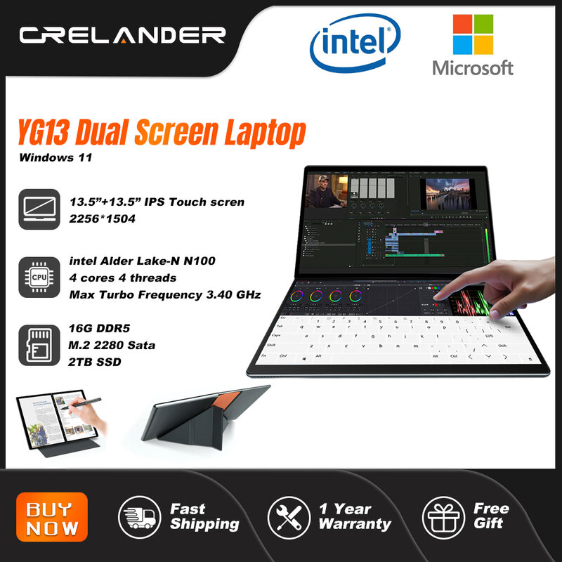 Crelander Yoga แล็ปท็อป13.5 "+ 13.5", หน้าจอสัมผัส Intel N100 CPU 3.4GHz DDR5 16GB Windows 11สมุดบันทึกแท็บเล็ต PC แล็ปท็อปหน้าจอคู่