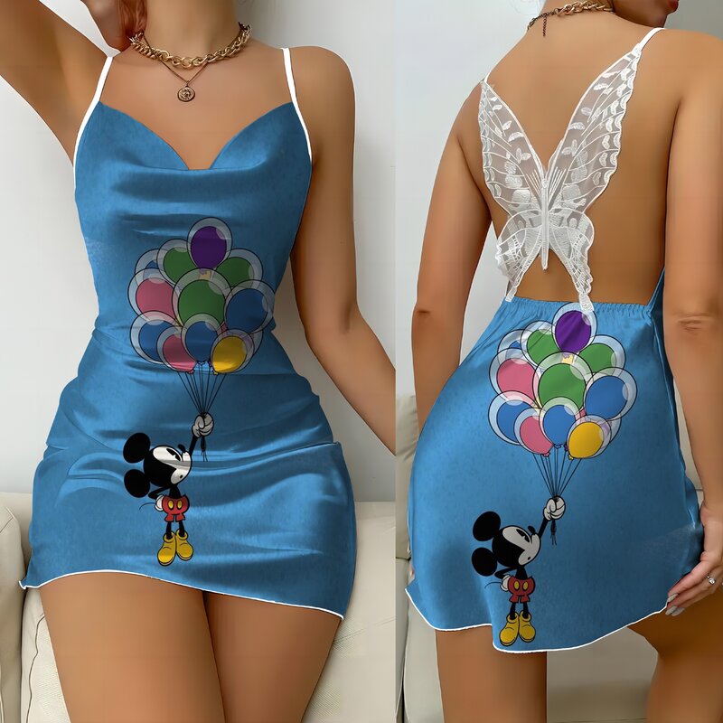 Falda de pijama con lazo para mujer, minivestido Sexy de Minnie Mouse, Mickey, Disney, superficie de satén, moda de verano, 2024