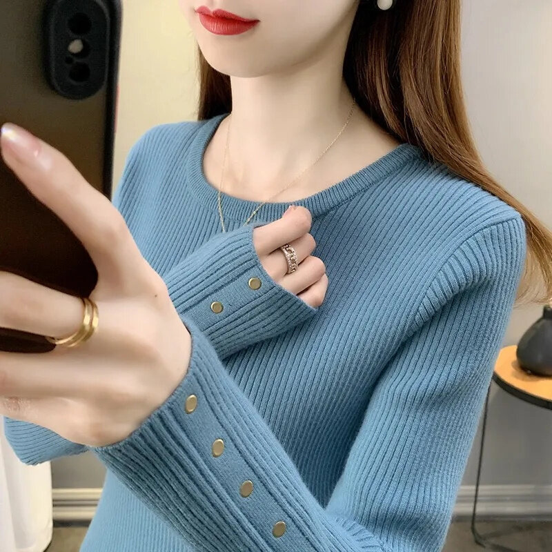 Fashion Women Long Sleeve Knitted Sweaters Spring Autumn New Solid Slim O-Neck Korean Basic Casual Bottoming Pullovers Tops