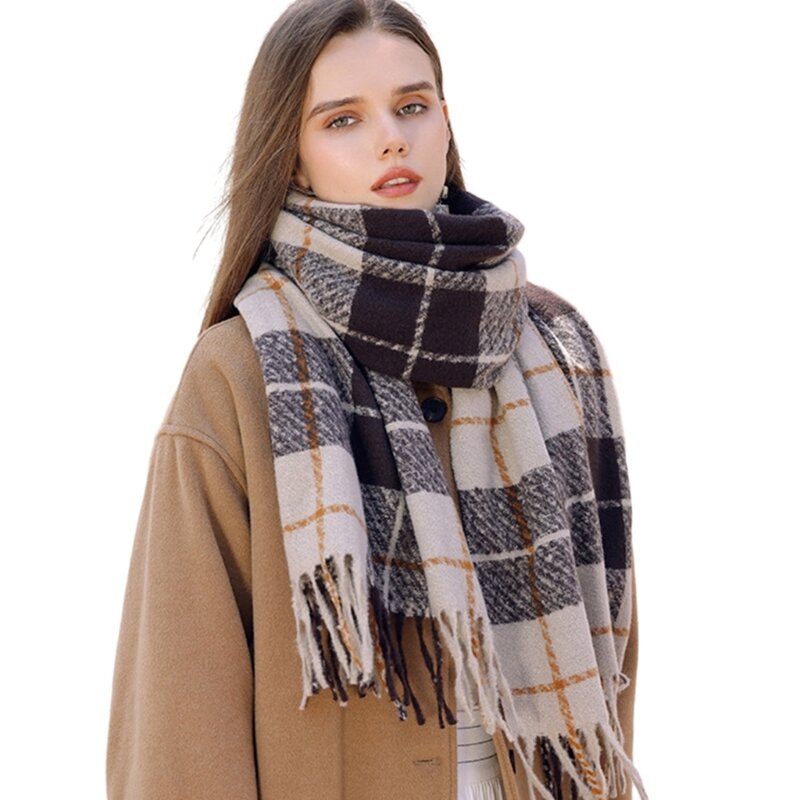 격자 무늬 담요 스카프 겨울 가을 여성을위한 따뜻한 스카프 부드러운 대형 타탄 숄 랩 Tassels 가장자리 스카프 F0T5