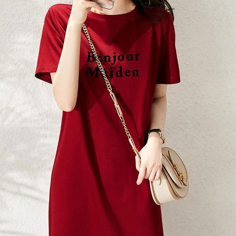 Summer New Korean A-Line Midi Dress Commute Women's Clothing Fashion Letter Printed Basic Round Neck Casual Short Sleeve Dresses