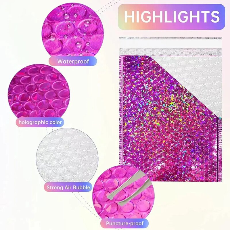 50 Pcs Holographic Bubble Mailers Padded Mailer Holographic Bubble Mailers Padded Envelopes Self Sealing Cushion for Shipping