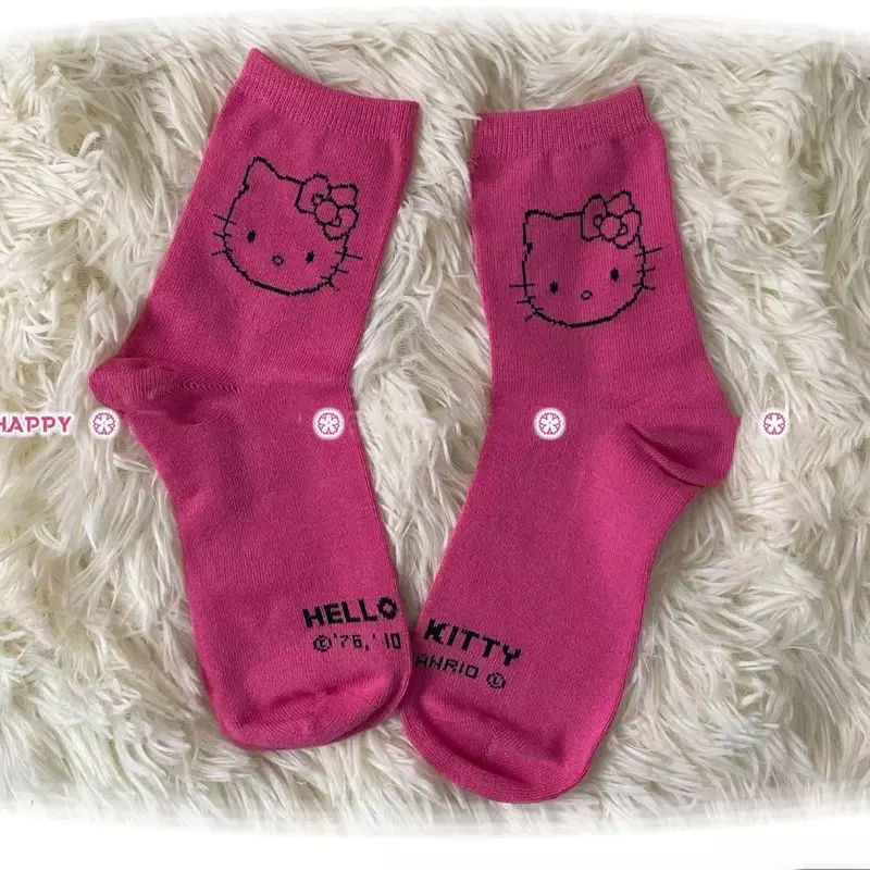 Hello Kitty ถุงเท้าสำหรับเด็กผู้หญิงถุงเท้าขนาดกลางน่ารัก Sanrio Hello Kitty ถุงเท้า rosered สีดำสีขาวผู้หญิง