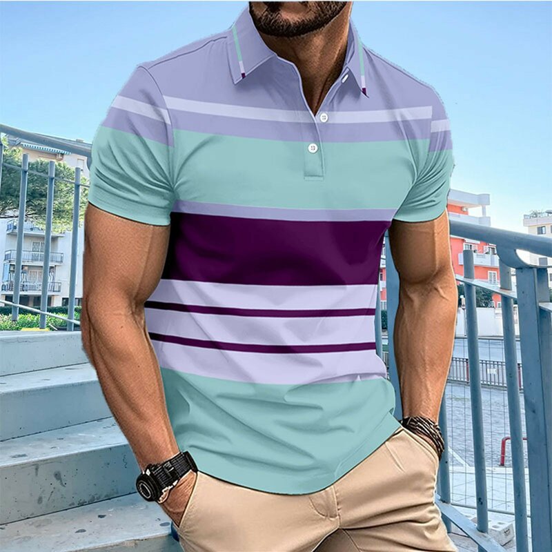 Mens Printed Checked Striped Shirt Zipper Sport Shirt Short Sleeve Top