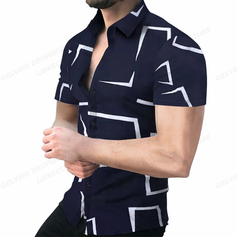 기하학적 3D 프린트 비치 셔츠, 반팔 하와이안 셔츠, 남성용 블라우스, 그래픽 셔츠, 쿠바 카미사 남성 의류