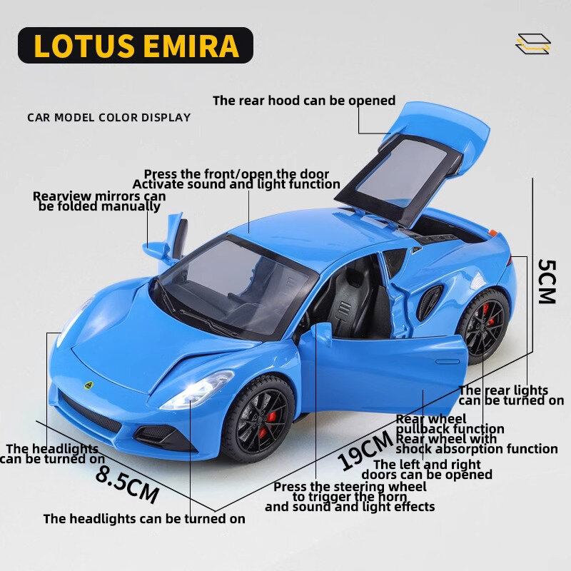 Модель спортивного автомобиля Lotus Emira из металлического сплава под давлением 1/24, модель телефона, имитация звука и фото, коллекция игрушек, подарок для детей