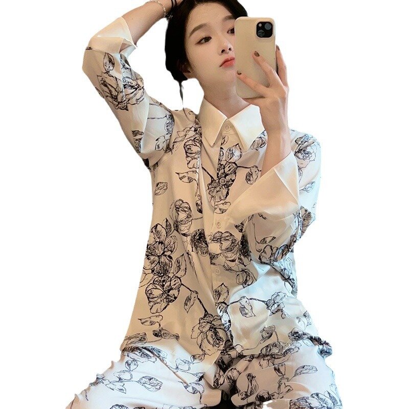 Revers lang ärmel ige lange Hosen zweiteilige Set Baumwolle weibliche Pyjamas Frühling dünn Set ethnischen Stil Kostüm Kunstseide Home Wear