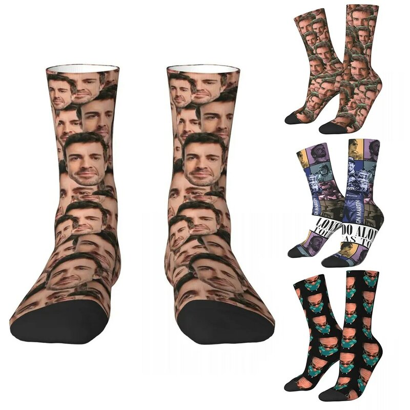 Verrücktes Design fernando alonso lustige Kopf Fußball Socken Polyester Mittel rohr Socken für Frauen Männer atmungsaktiv