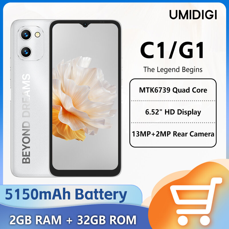 UMIDIGI 안드로이드 스마트폰, 2GB + 32GB 6.52 인치 HD 60Hz 디스플레이, 5150mAh 배터리, 10W 고속 충전, MTK6739 4G 13MP 휴대폰, C1 및 G1