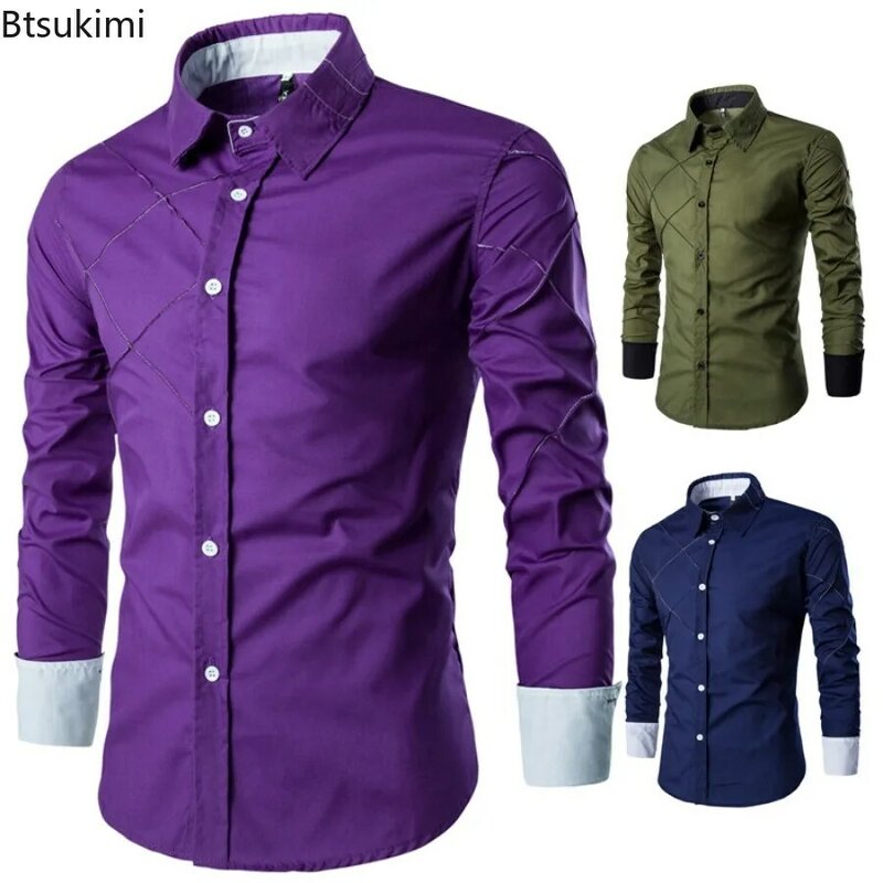 Camisas masculinas de lapela slim fit, algodão, de peito único, estilo comercial, camisas formais masculinas, novas, 2022