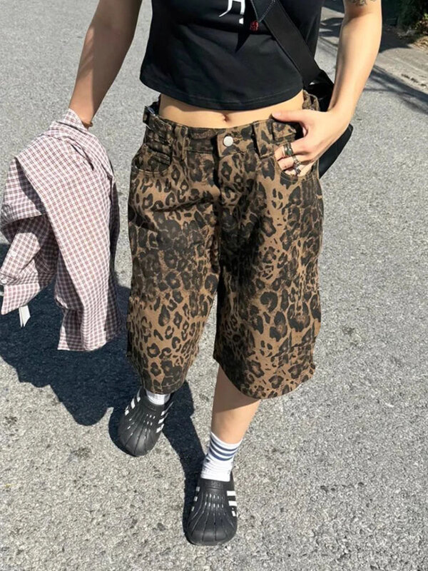 QWEEK Tan Leopard Print Denim Shorts Women Y2k Vintage Streetwear Wide Leg Jeans Hip Hop Oversize Casual Pockets Jorts Summer