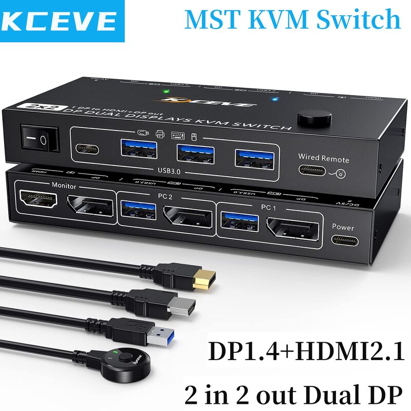 Kceve จอคู่ DP 1.4 KVM Switch 4 K @ 60Hz สำหรับคอมพิวเตอร์2เครื่อง DP1.4 KVM Switch 2 IN 2 OUT backnward DP1.2ที่เข้ากันได้กับ DP + UBS