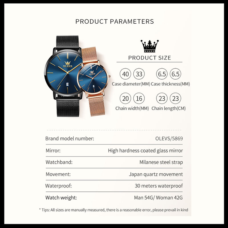 OLEVS jam tangan pasangan, jam tangan Fashion arloji Quartz Ultra tipis panggilan, tahan air, sabuk jala Stainless Steel untuk pria