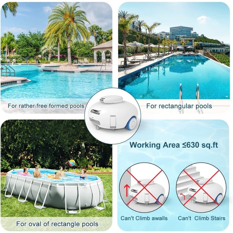 Aspirador de piscina robótico sem fio, bateria recarregável, tecnologia de sensores de água embutida, piscina de até 630 pés quadrados, 140 minutos