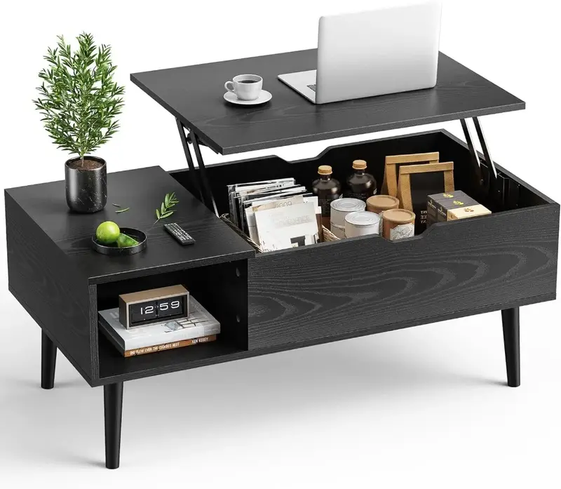 Tavolino moderno con piano elevatore mobili in legno con ripiano portaoggetti e scomparto nascosto per ufficio soggiorno