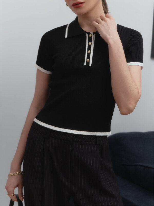 Suéter de punto de manga corta para mujer, Jersey acanalado ajustado con solapa, Top elegante con contraste, Verano