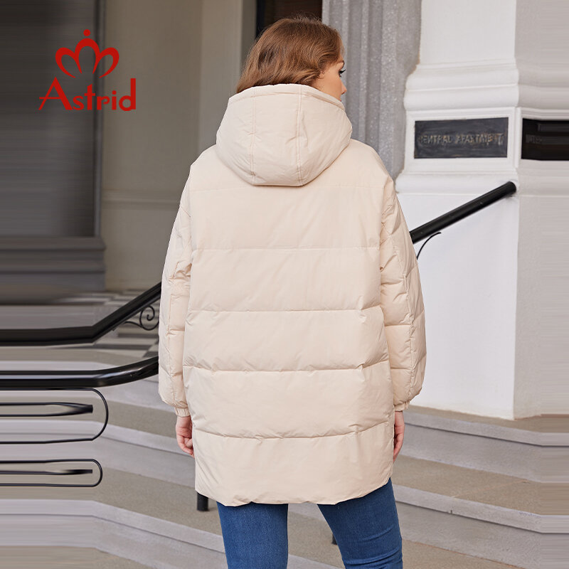Astrid-mid-long jaqueta com capuz para as mulheres, parka solta, estilo simples e casual, tamanho grande, bom para o inverno, novo