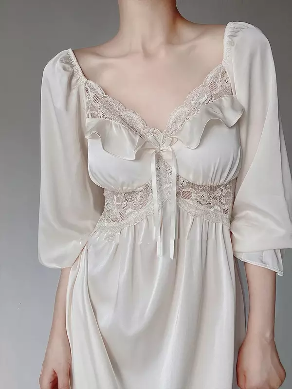 Z długim rękawem wiosenna damska sukienka koronkowa patchworkowa satynowa damska koszula nocna francuski styl solidna bielizna dla kobiet do salonu