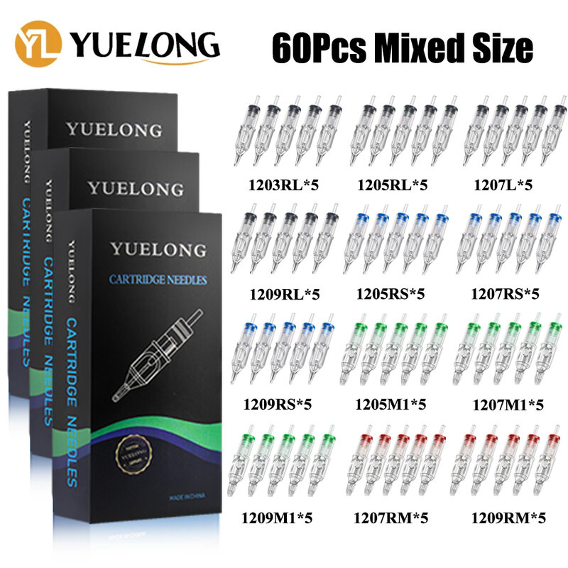 60PCS Mixed Professional Tattoo Cartridge Needles RL RS M1 RM with Membrane Safety Cartridges Disposable Tattoo Needles