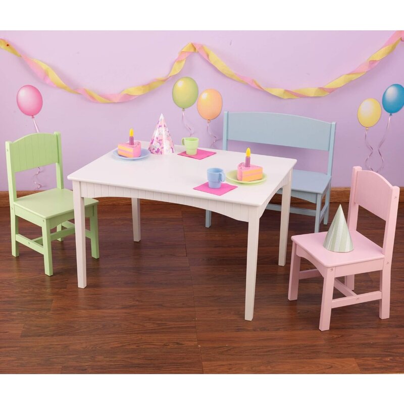 Children's Furniture - Pastel Multicolored Kids Chair Wooden Table With Bench and 2 Chairs Wood Stool Gift for Ages 3-8