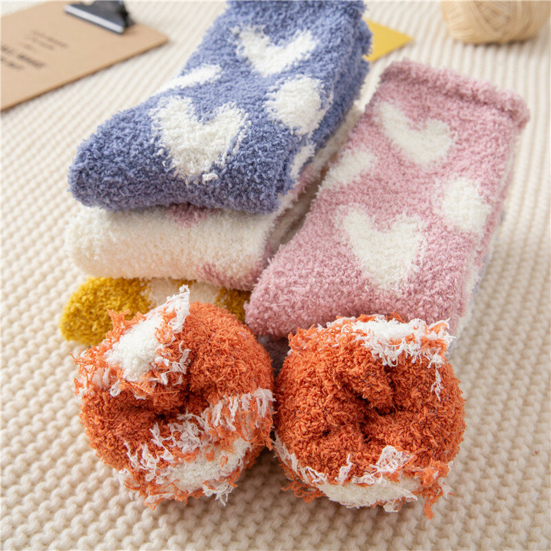 Winter Warm Kawaii Love Heart Fluffy Coral Fleece Socks for Women Soft Coral Velvet Sock Indoor Floor Casual Slippers Socks Sox