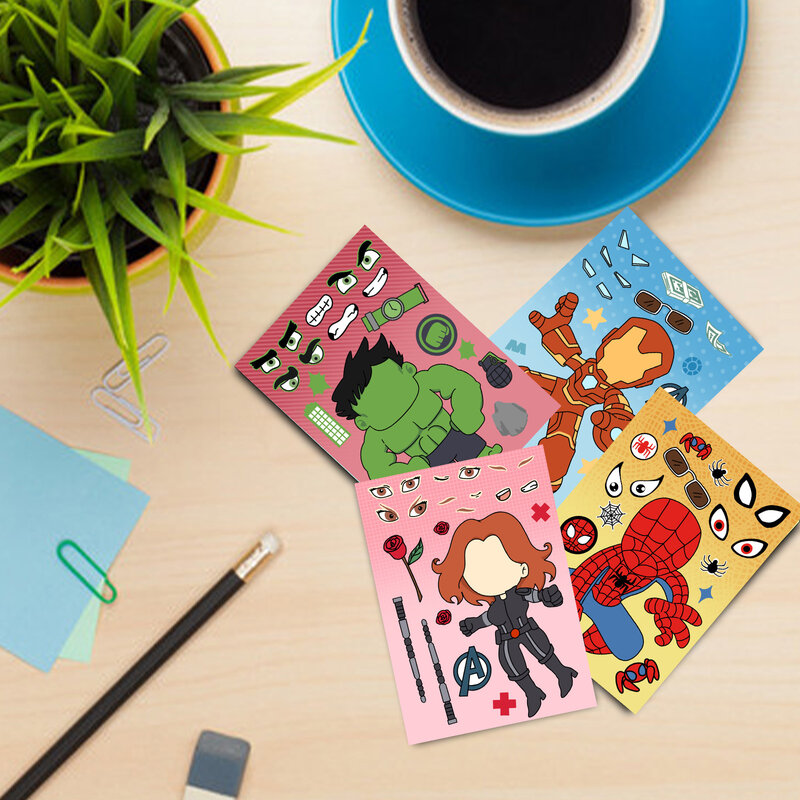 8 Sheets Disney Marvel Spiderman Iron Man Stickers Make a Face Game Sticker Kids Girl DIY Notebook Children Assemble Jigsaw Toys