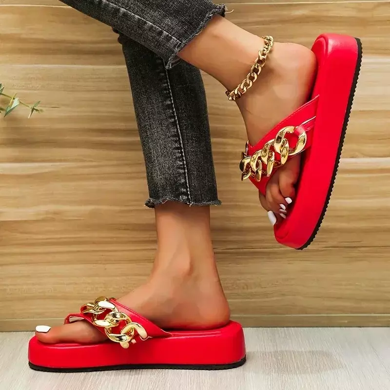 Ladies Shoes on Sale 2024 New Summer Women's Slippers Metal Decoration Open Toe Mid Heel Water Proof Large Size Thong Slippers