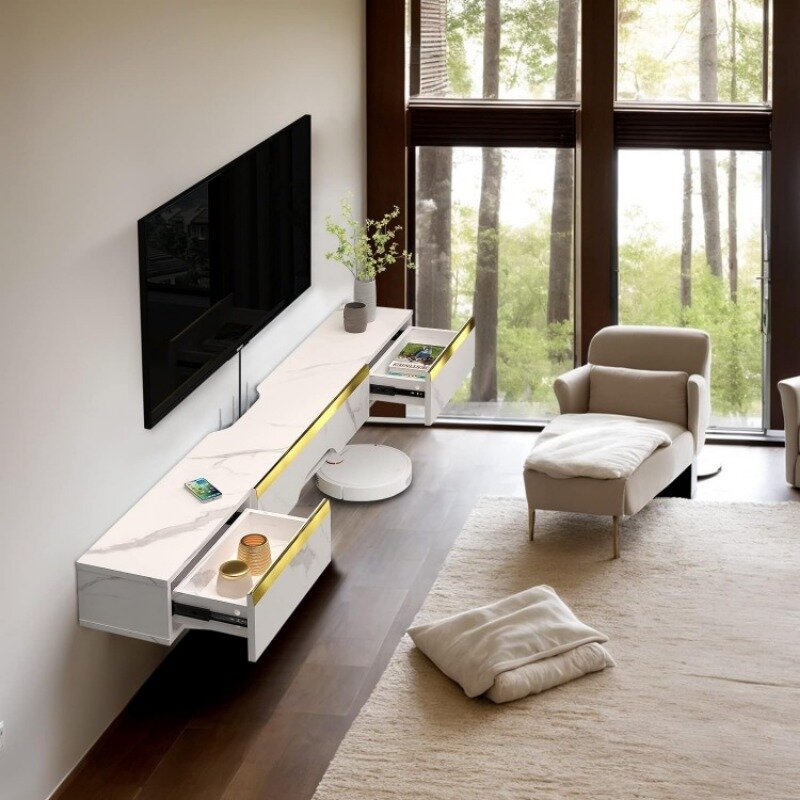 Pmnianhua-رف تلفزيون عائم بأدراج ، وحدة تحكم تلفزيون مثبتة على الحائط ، وسائط ترفيهية ، وحدة حائط خشبية ، 66 بوصة