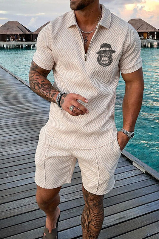 Letnia męska luksusowa koszulka Polo spodenki garnitur modny dres 2 sztuki Vintage strój grafika z tygrysem zestaw męska odzież codzienna