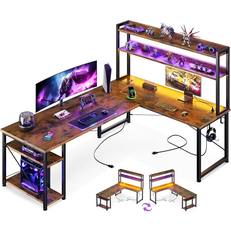 L Shaped Gaming Desk com Armazenamento, Mesa do Computador com Hutch, Tomadas de Energia, Faixa LED, Monitor Stand, 66 ", reversível