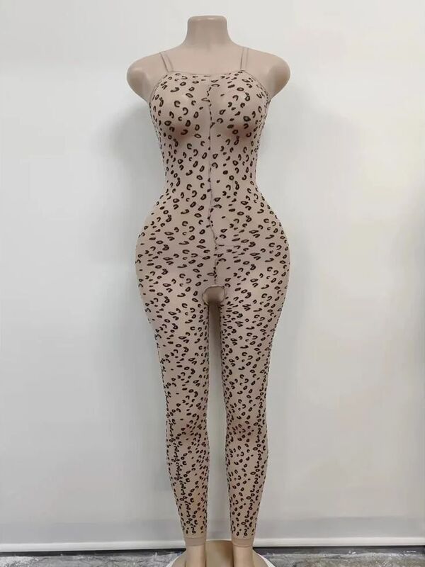 Body con estampado de leopardo y tirantes finos, leotardo Sexy de nailon con entrepierna abierta, lencería, pijama