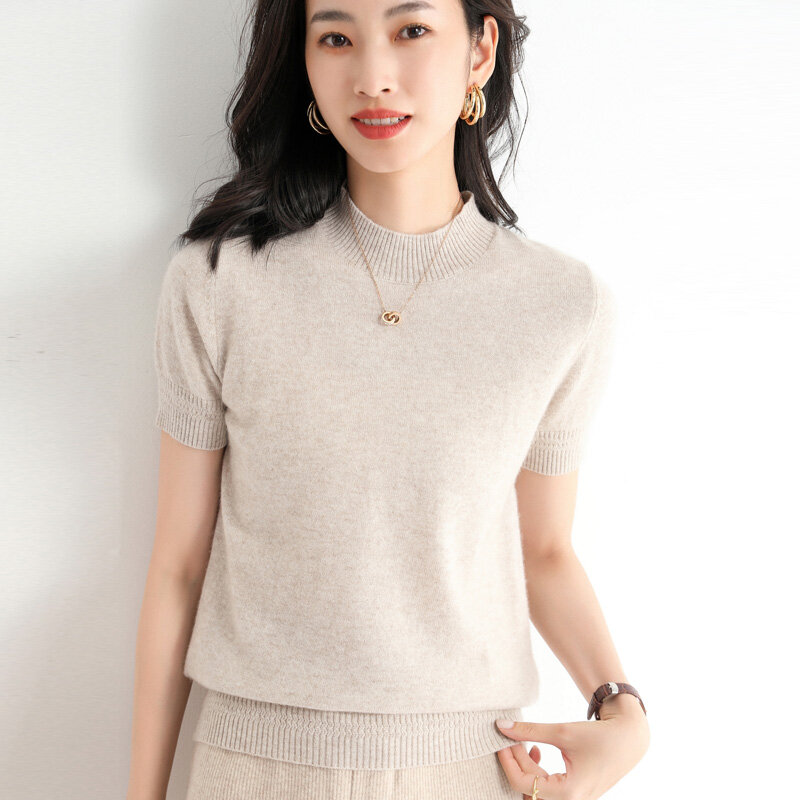 Primavera outono nova moda camisola de caxemira feminina de malha manga curta pulôver sweter solto o pescoço versão coreana topos
