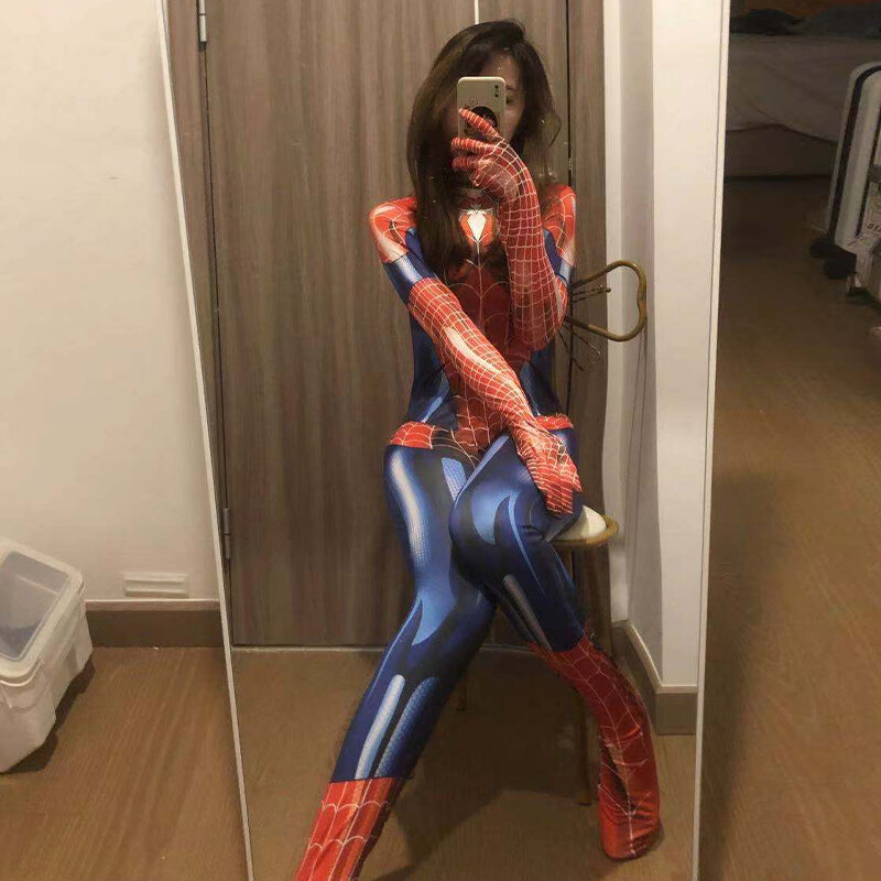 Spiderman Cosplay Seksi Zentai Suit Wanita Jumpsuit Kostum Pahlawan Super Zentai Bodysuit Penuh Pakaian Mewah Gaun Pesta Karnaval