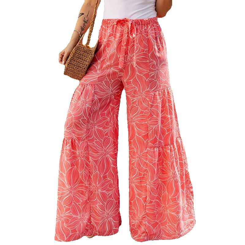 Pantalones de pierna ancha con cordones para mujer, estampado bohemio, cintura alta, informal, verano, nuevo