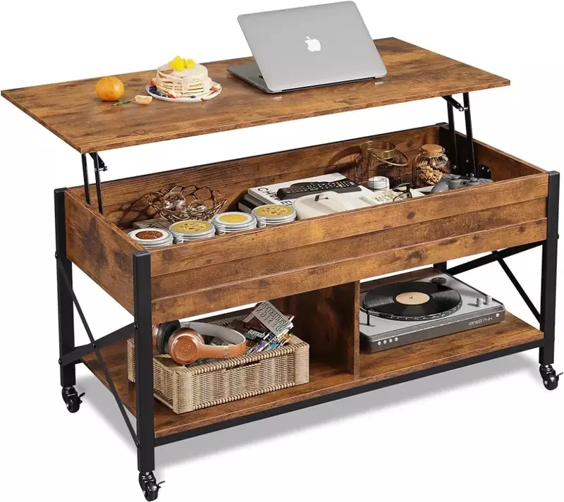 거실용 리프트 탑 커피 테이블, 보관함 포함 커피 테이블, 숨겨진 구획 및 금속 프레임, 중앙 테이블