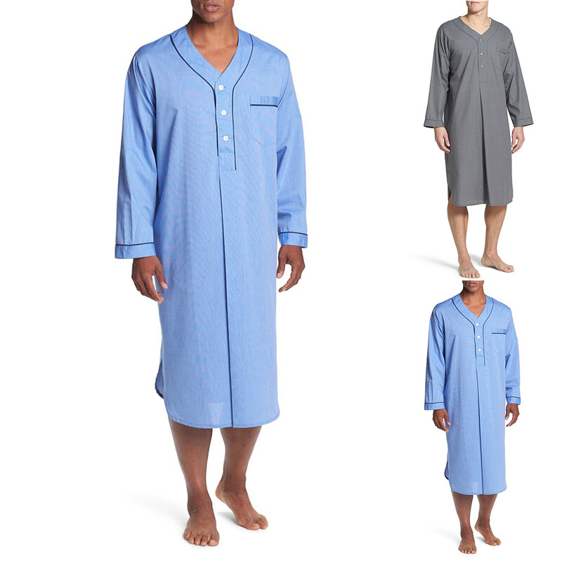 Camisón de manga larga con cuello en V para hombre, pijama de algodón suave y cómodo, ropa de dormir informal para el hogar, color liso, novedad