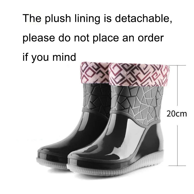 Botas de chuva de fundo plano impermeáveis antiderrapantes para mulheres, botas de chuva grossas de meia-panturrilha, cozinha elegante e adulto