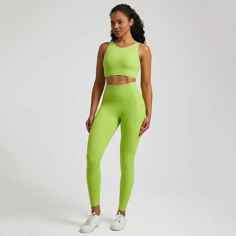 Zitrone Soft Gym Yoga Set Legging Sport Fitness Cross Gym BH Top 2PC Anzug umfassende Training Jog Pocket Frauen Sportswear