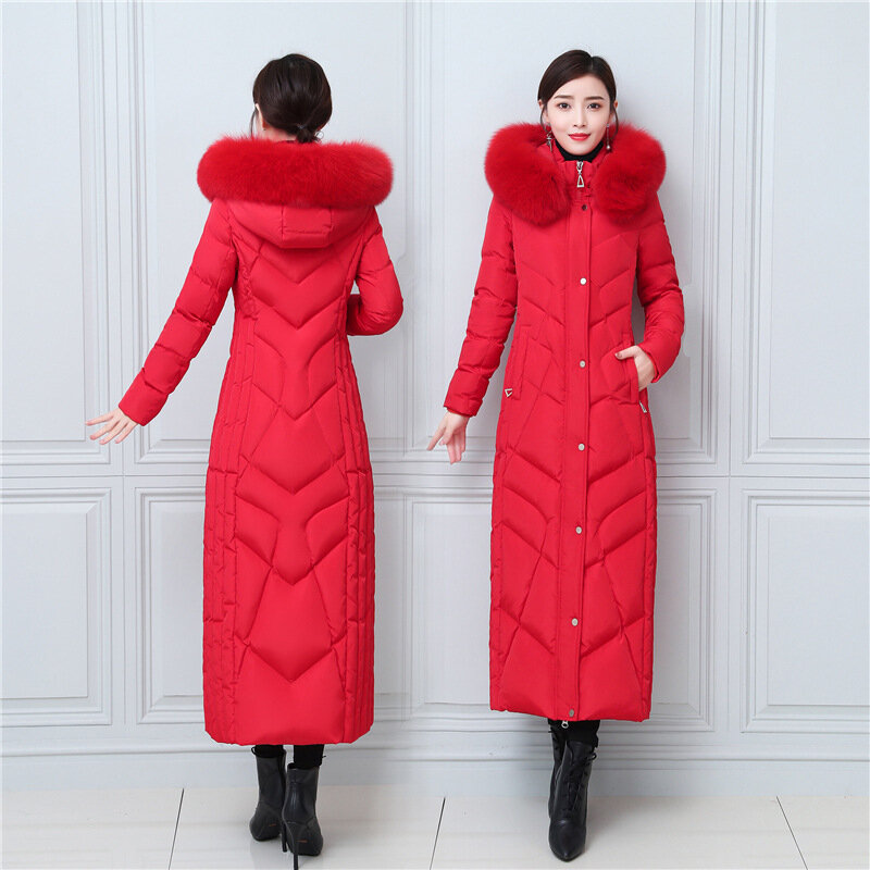 Women Down Coat Slim Fit Length 125cm Thickening Windproof Waterproof Detachable Fox Fur Collar X-Long Duck Down Jacket