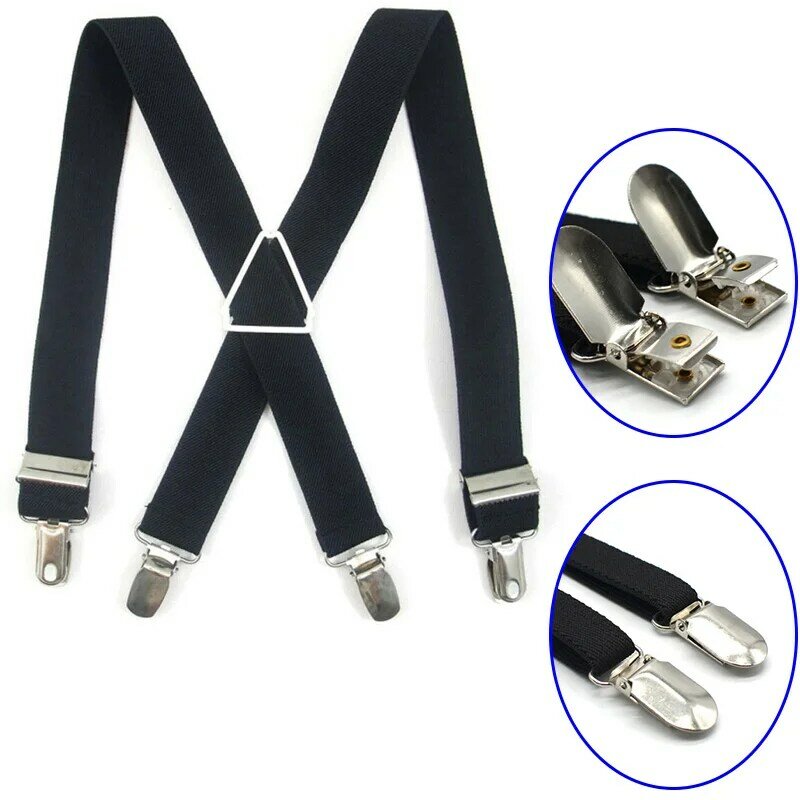 Suspender belakang uniseks, kawat suspender elastis tugas berat, celana Bib modis tali silang 4 klip dapat disesuaikan untuk dewasa dan pria