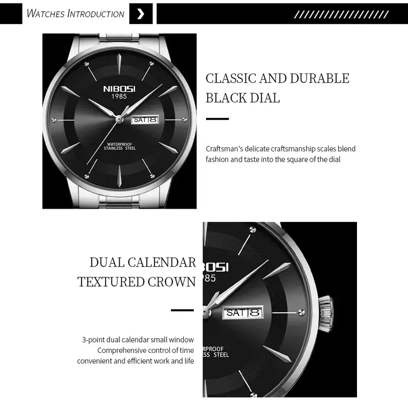 NIBOSI-Relógio de quartzo masculino, impermeável, aço inoxidável, Masculino Top Luxo, Luminoso, Data Week, Masculino Relógios
